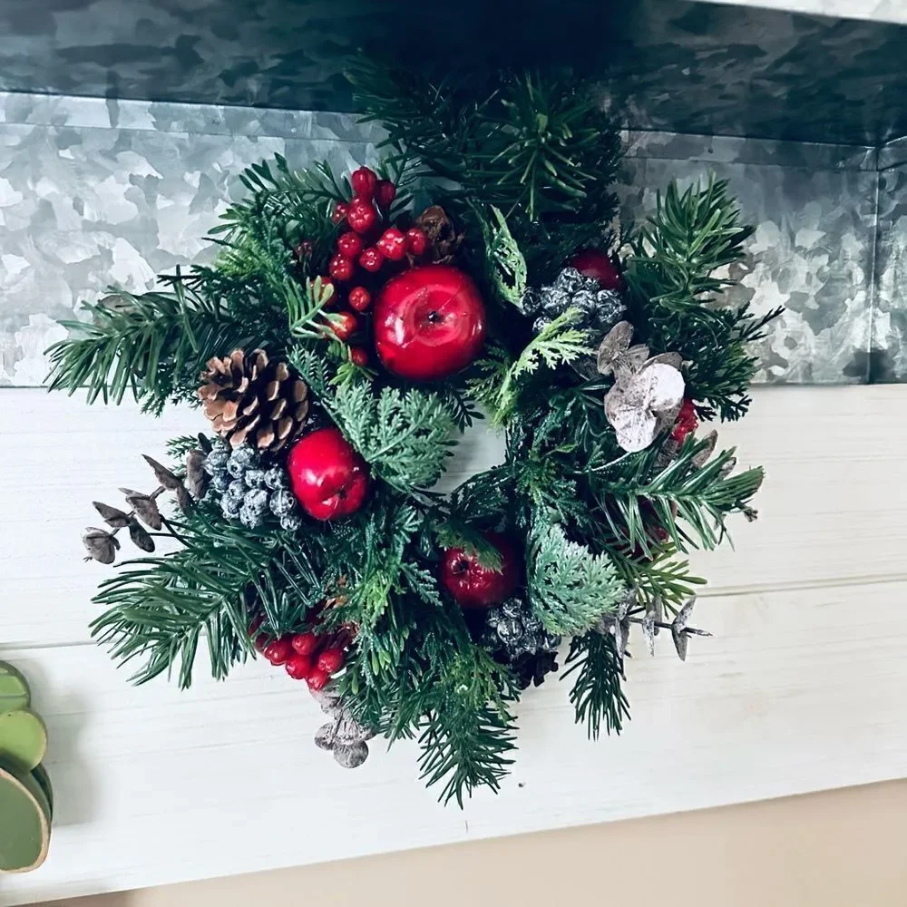Vintage Winter Apples Evergreen Small Decorative Wreath Candle Ring